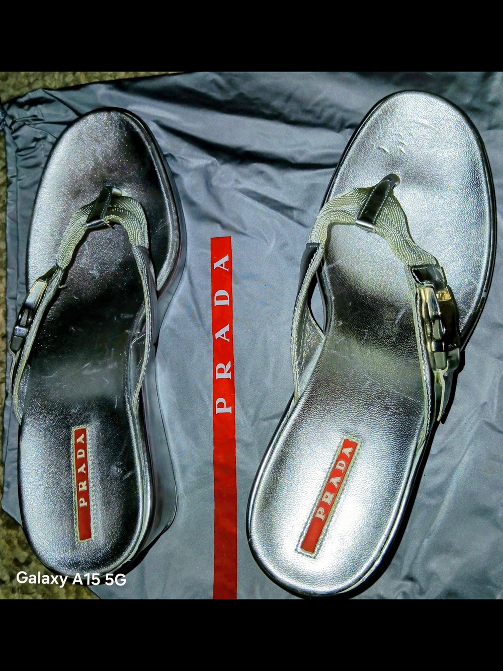 👡 Prada Linea Rossa Sport Silver Metallic Thong Wedge Sandals